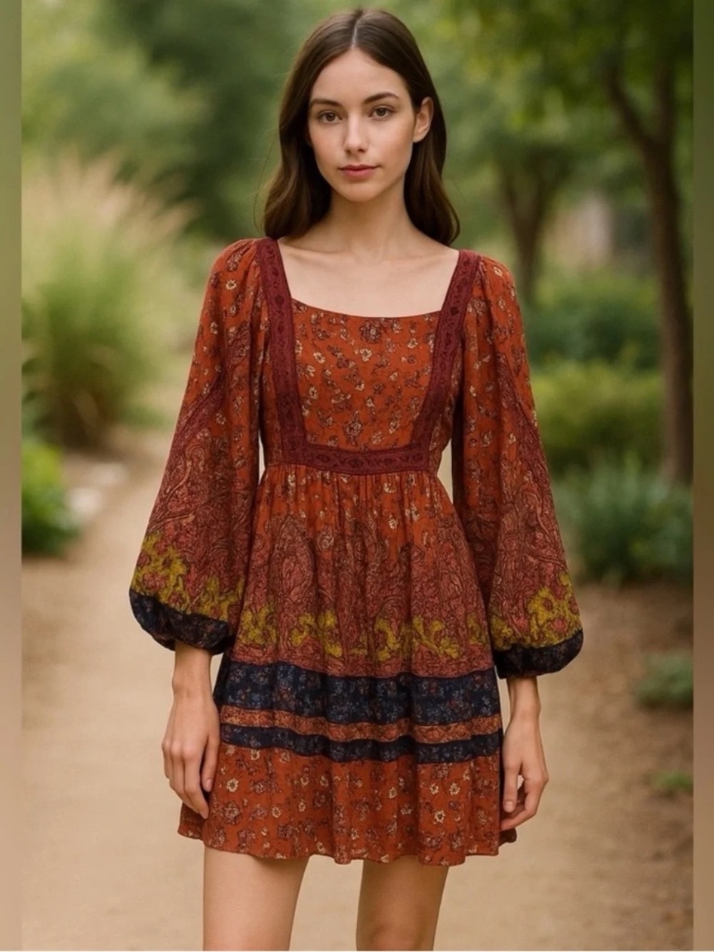 Angie Boho Mini Dress – Terracotta Floral & Paisley Print - EUC